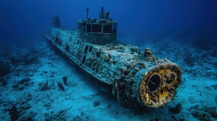 An old submarine rests on the ocean floor surrounded by life