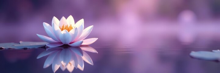 A delicate white lily is reflected in the calm surface of a light purple misty pond, nature photography, reflection, ripples