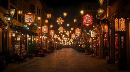 Fototapeta premium Vibrant night market scene illuminated by colorful lanterns, bustling with activity and cultural charm