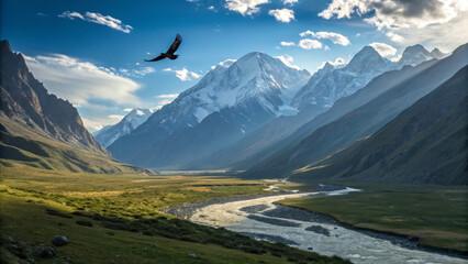 Obraz premium Majestic mountains and river under blue sky with soaring bird