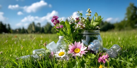 Obraz premium Wildflowers and recycled plastic bottles in a jar on a green meadow. Environmental awareness concept.