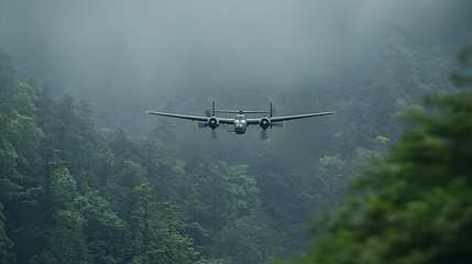 Vintage Bomber Airplane Flying Above Green Forest Covered Mountains In Overcast Atmospheric Weather