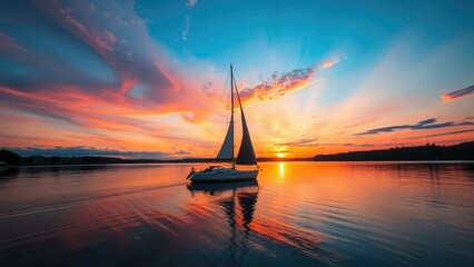 A sailboat on the Alster Lake at sunset with a serene atmosphere, serenity, alster, sailing