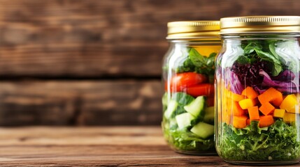 Colorful jars filled with fresh vegetables on a wooden table, showcasing healthy meal prep ideas