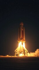 A spacecraft's engines glow as it prepares to launch, cosmic, space, lunar desert