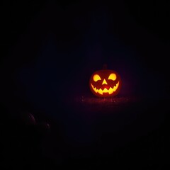 A spooky night scene features a glowing jack o lantern in the distance, darkness, warm glow, pumpkins