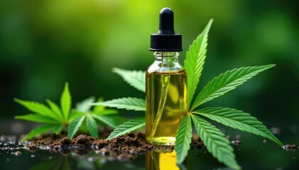 Cannabis oil and marijuana leafs in a clear liquid solution, cannabis oil, plant