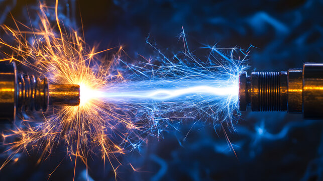 sparks arcing between two metal electrodes with intense blue light 