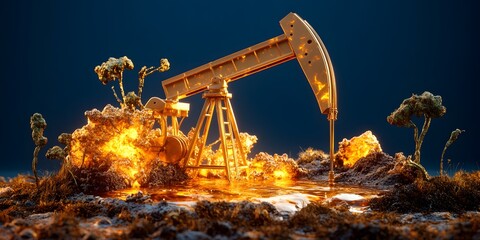 Fototapeta premium an oil pump jack operates on the ground, pumping up crude oil