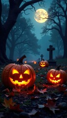 Obraz premium Carved jack-o-lanterns illuminate a spooky graveyard at dusk, spooky, autumn, fall