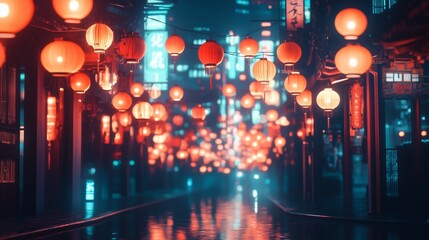 Neon lanterns reflecting ancient streets