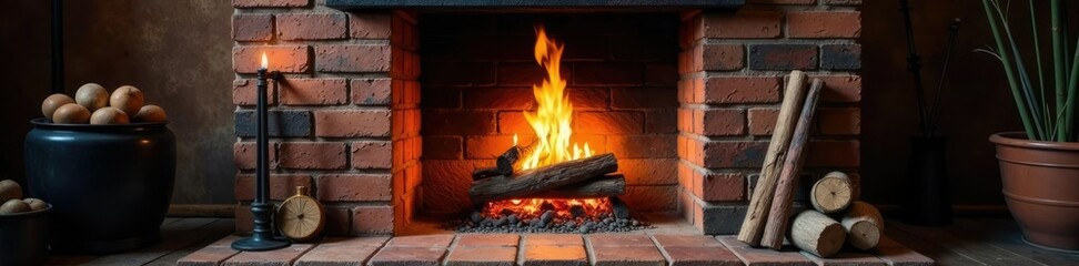 Charming fireplace with charred brick and wood, wood, dark