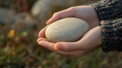 Person gently cradles a smooth rounded stone in their hands