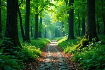 Fototapeta premium Dense forest surroundings with a meandering cobblestone path, cobblestone, woods