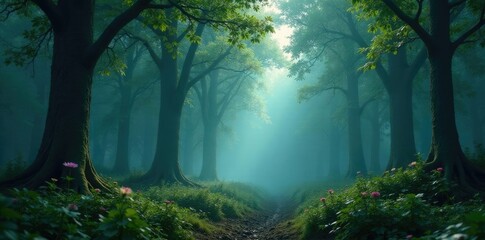 Dense forest with ancient trees and misty atmosphere, ancient, foggy