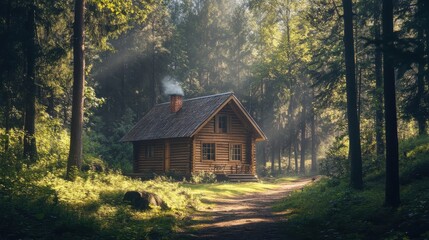 A rustic wooden cabin nestled in a dense and sunlit forest