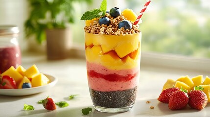 Layered Tropical Fruit Smoothie with Granola and Chia Seeds a Delicious and Healthy Breakfast or Snack