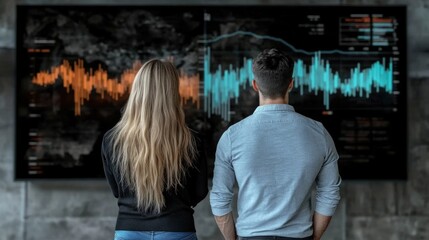 Professional partnership: businessman and businesswoman standing large screen, vibrant digital chart displaying financial data, illustrating market trends, investment analysis, corporate strategy.
