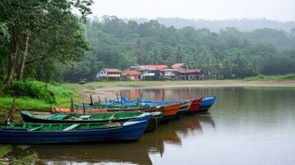 Fototapeta premium Fishermen Preparing Along a Serene Riverbank