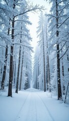 Dense snowfall surrounds towering aspen trees, whiteout, coniferous