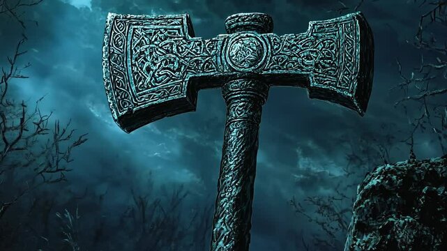 Intricate stone axe stands tall against a darkened sky with mysterious trees in a fantasy setting