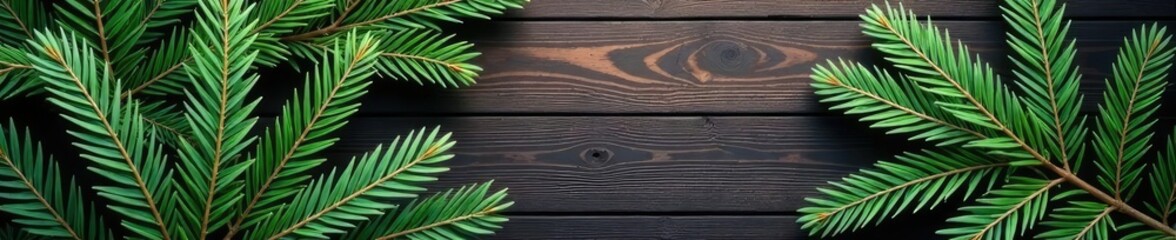 Dense white pine branches against a dark wood background create a striking visual effect, greenery, evergreen, nature