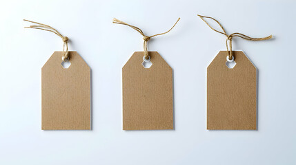 Three Blank Brown Kraft Paper Tags Suspended with Twine on White Background