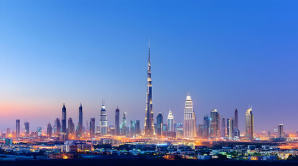 Obraz premium Panoramic Cityscape Skyline at Night Featuring Illuminated Modern Architecture Against Blue Hour Sky