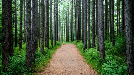 Serene Forest Path Lush Greenery Tall Pine Trees Tranquil Nature Trail