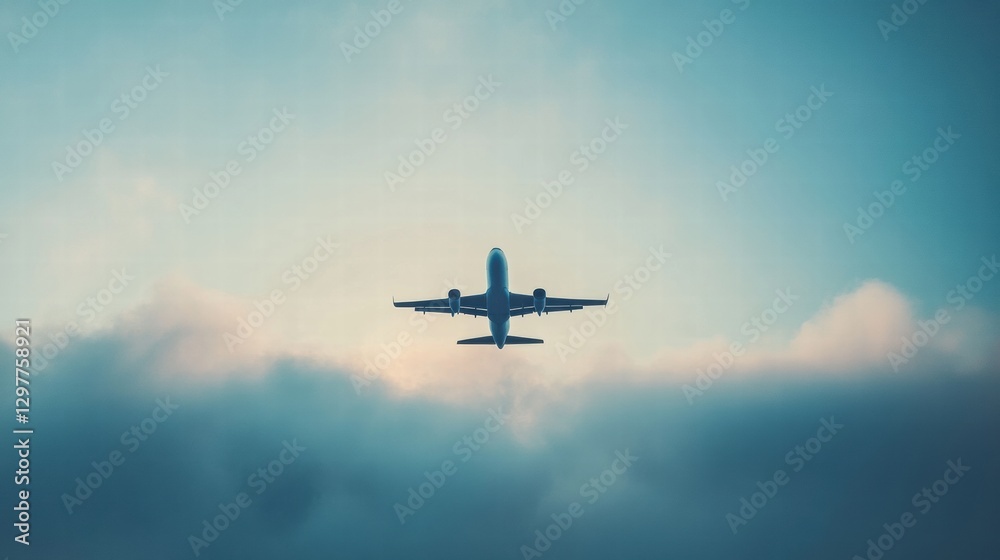Poster airplane soaring through clouds in the open sky during a clear day in mid afternoon hours. generativ