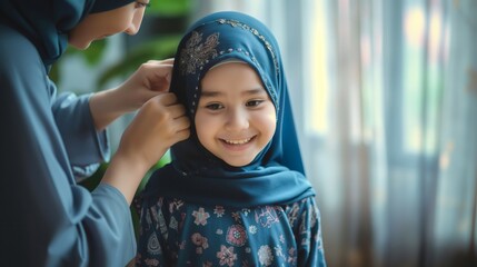 In a soft morning glow, a mother carefully adjusts her daughter's hijab, enhancing the girl's joyful anticipation for Eid prayer. This intimate moment showcases their bond