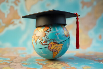 Graduated study abroad international Conceptual, Graduation hat on top Earth globe model map.Congratulations to graduates, Studies lead to success in world wide.Back to School.
