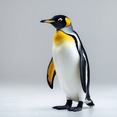 Obraz premium professionally lit photograph of a majestic Emperor Penguin standing upright in a stark, pure white isolation, showcasing its distinctive yellow patches on its chest, white belly, and sleek black bac