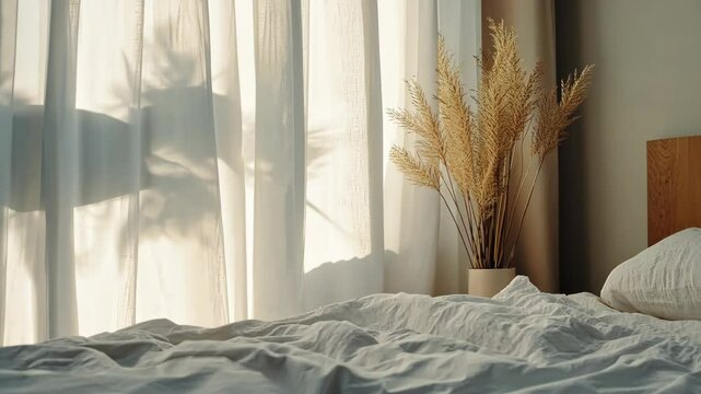 Soft morning light filters through sheer curtains illuminating a cozy bedroom with decorative plants and rumpled bedding