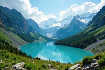 Fototapeta premium Glacial valley with turquoise lake and surrounding mountains, lake, open, wilderness