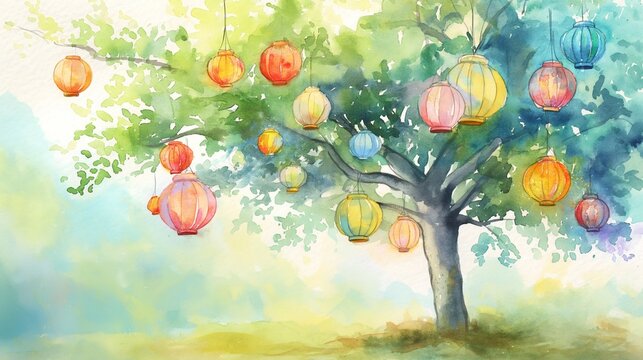 A vibrant tree adorned with colorful lanterns captures the spirit of Eid al-Fitr. Soft, gentle brushstrokes create a joyful atmosphere, celebrating a cherished occasion