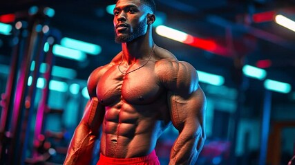 Muscular Man Posing in Neon Gym