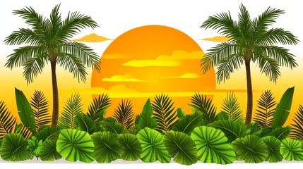 Obraz premium Pixelated tropical paradise sunset scene with palm trees and jungle foliage evoking retro gaming memories and a serene vacation vibe
