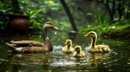 A mother duck with her two ducklings swimming in a pond.