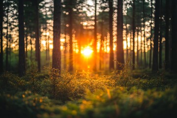 Obraz premium Warm Sunlight Bursting Through Tall Trees in a Tranquil Woodland Setting