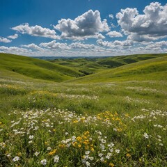 Obraz premium Rolling Hills in Spring – Endless rolling green hills covered in blooming wildflowers under a bright blue sky with fluffy white clouds.