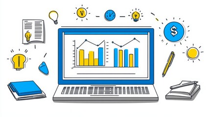 Obraz premium Financial analysis presentation on laptop screen digital illustration business analytics and data insights visualization for report