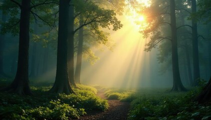 Fototapeta premium Misty forest landscape with sunlight filtering through, branches, mist, nature