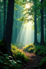 Obraz premium Misty forest landscape with trees and sunlight filtering through, solitude, forest, peaceful