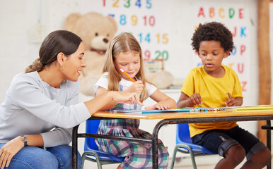 Teacher, education and students in classroom, creativity and knowledge with feedback. Drawing,...