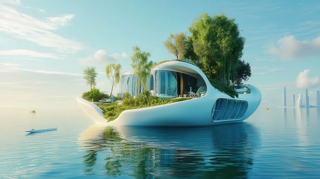 floating hotel with environmentally friendly materials, offering guests the experience of living on water with stunning views.