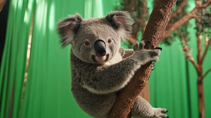 Obraz premium Charming koala clinging to a branch against a bright green backdrop