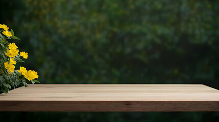 Naklejka premium Wooden Table With Yellow Flowers and Green Foliage Background