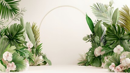 Lush Tropical Floral Arrangement with White Background and Gold Arch