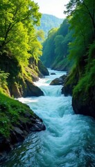 Rushing water amidst lush greenery in a narrow river valley, nature, river, water